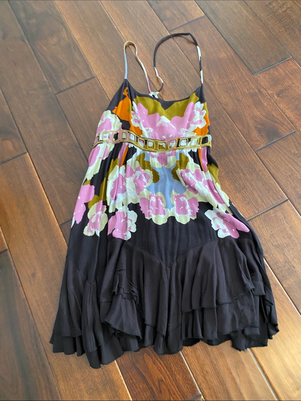 Free People Black Floral Spaghetti-Strap Sundress with Pink and Olive Accents